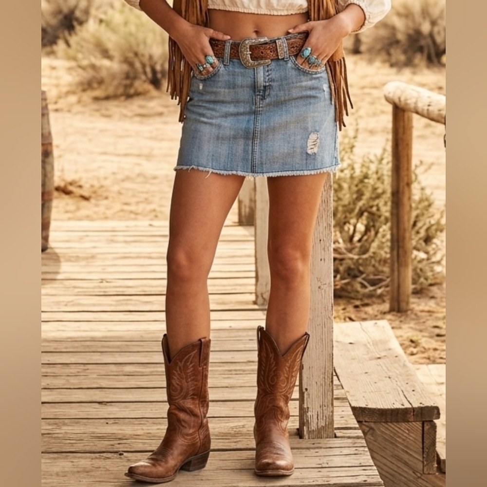 Light Wash Distressed Denim Mini Skirt Sz 3-4 Rodeo Western Festive 80's